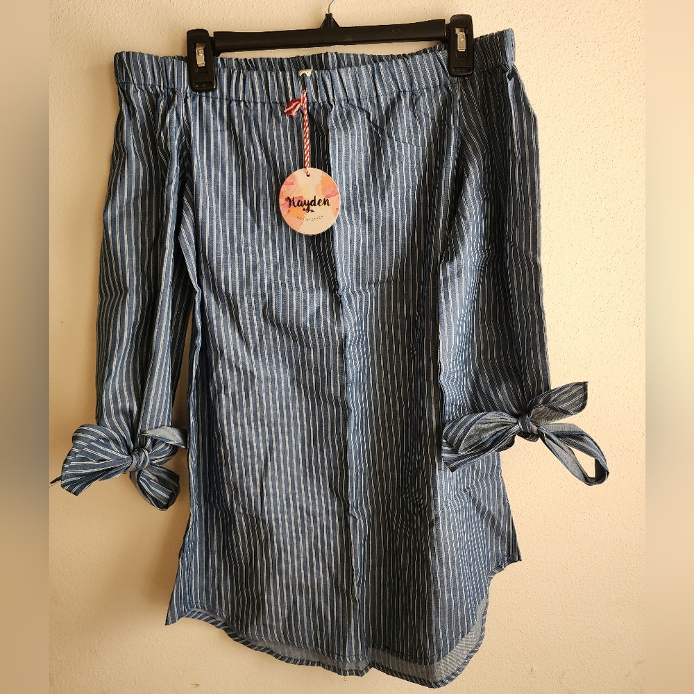 Hayden Los Angeles Striped Off Shoulder Mini Dress Top w/ Bow Sleeve Size Small